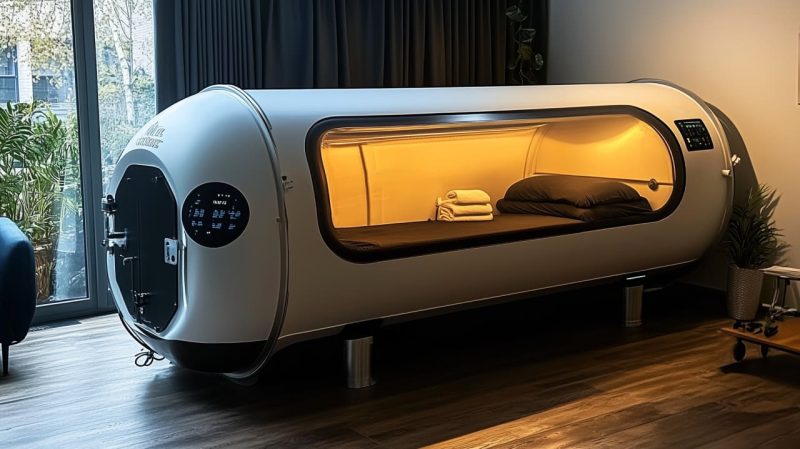 Portable hyperbaric chamber for home oxygen therapy benefits.