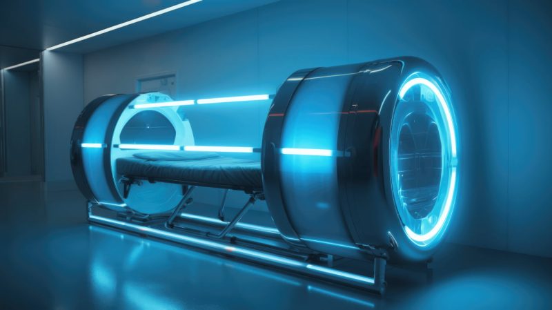 Portable hyperbaric chamber ideal for at-home oxygen therapy sessions.