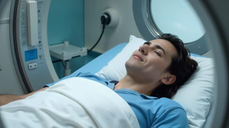 Woman receiving oxygen for migraines in a hyperbaric chamber.