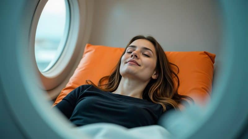 Patient undergoing HBOT for long COVID in a hyperbaric chamber.